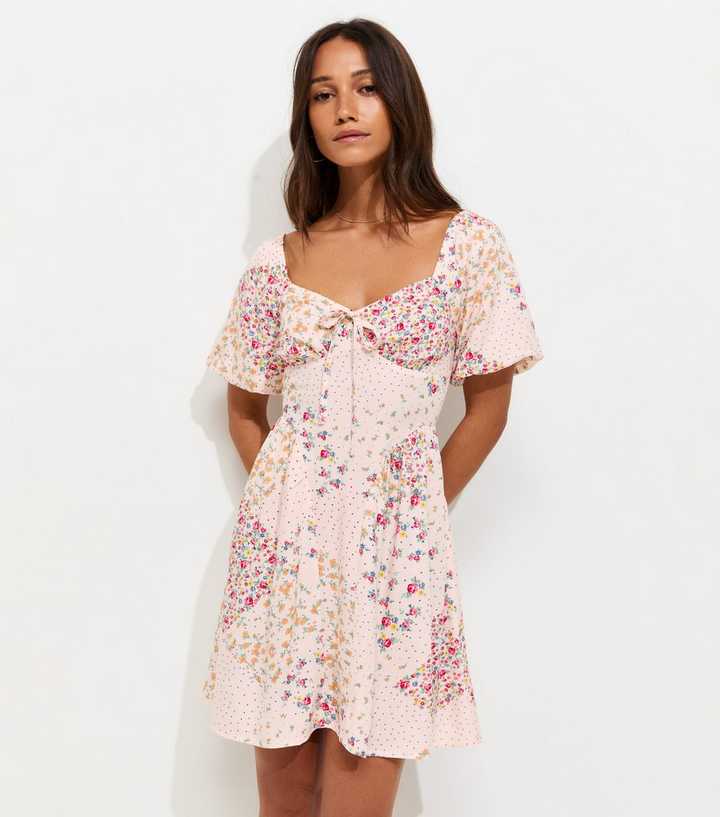 Cream Floral Patchwork Print Milkmaid Mini Dress
