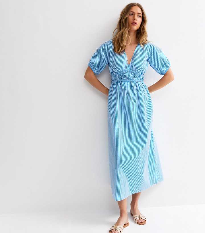 Blue Striped Ruched Detail Midi Dress