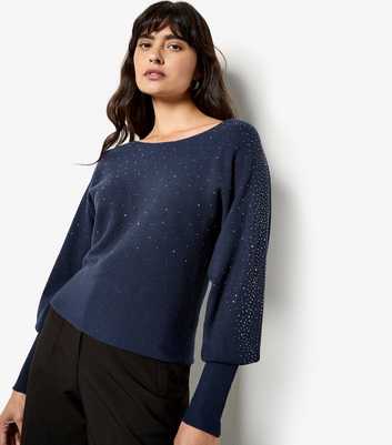 Apricot Navy Stud Ribbed Batwing Jumper