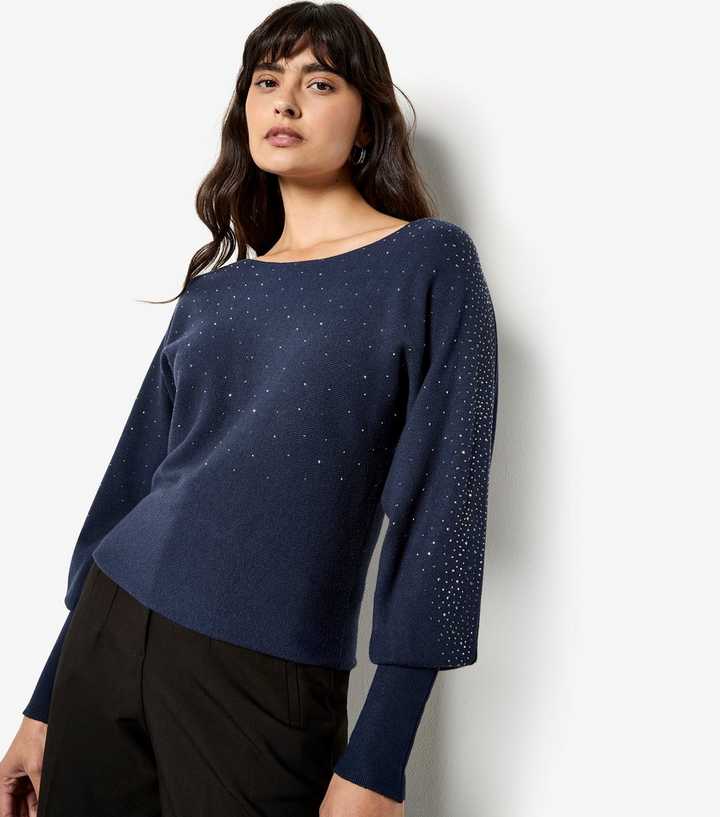 Apricot Navy Stud Ribbed Batwing Jumper