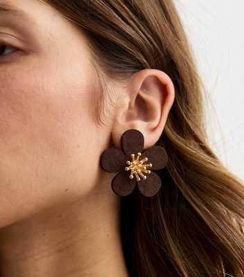 Brown Large Wood Flower Stud Earrings