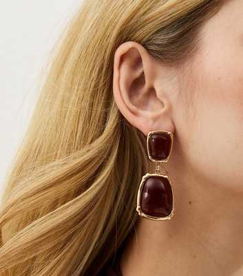 Gold Tone Brown Enamel Square Drop Earrings
