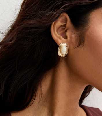 Gold Tone Oval Cream Centre Earrings