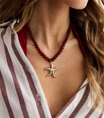 Bright Red Beaded Starfish Pendant Necklace