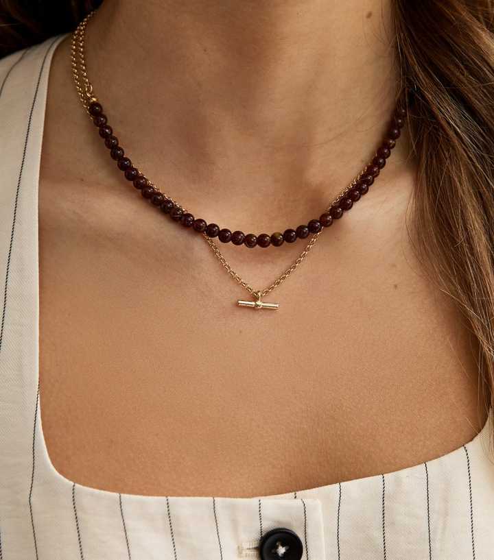 Gold Tone Brown 2 Layer Beaded T Bar Necklace