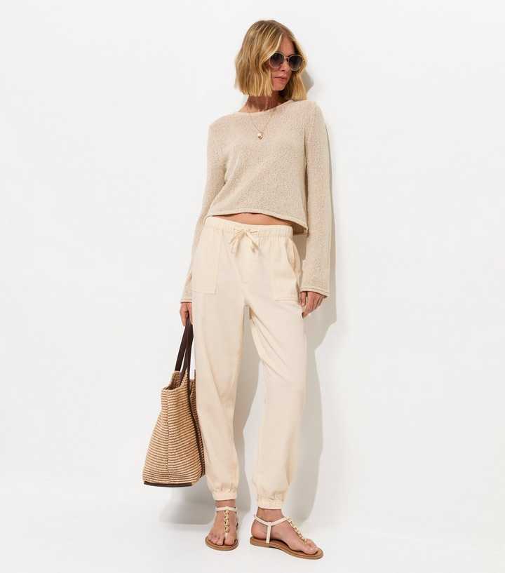 Off White Cotton Tapered Cargo Trousers