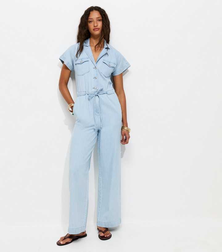 Light Blue Denim Short Sleeve Jumpsuit