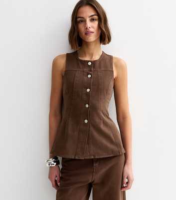 Brown Denim Panelled Longline Peplum Waistcoat