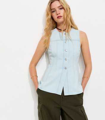 Light Blue Denim Panelled Longline Peplum Waistcoat