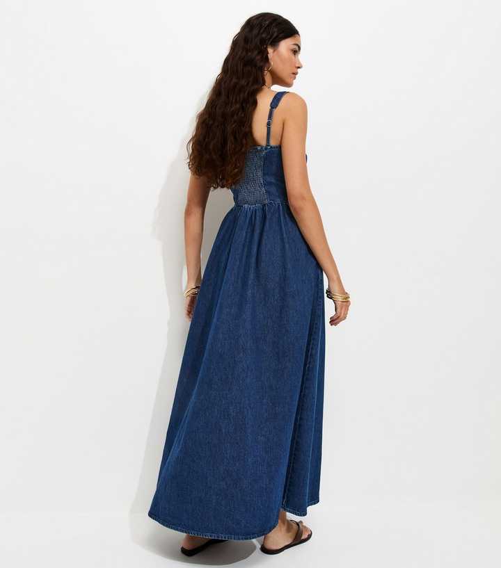 Blue Cotton Milkmaid Denim Midi Dress
