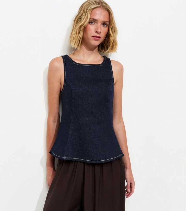 Navy Denim Sleeveless Flared Top