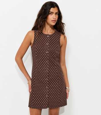 Brown Polka Dot Cinched Denim Dress
