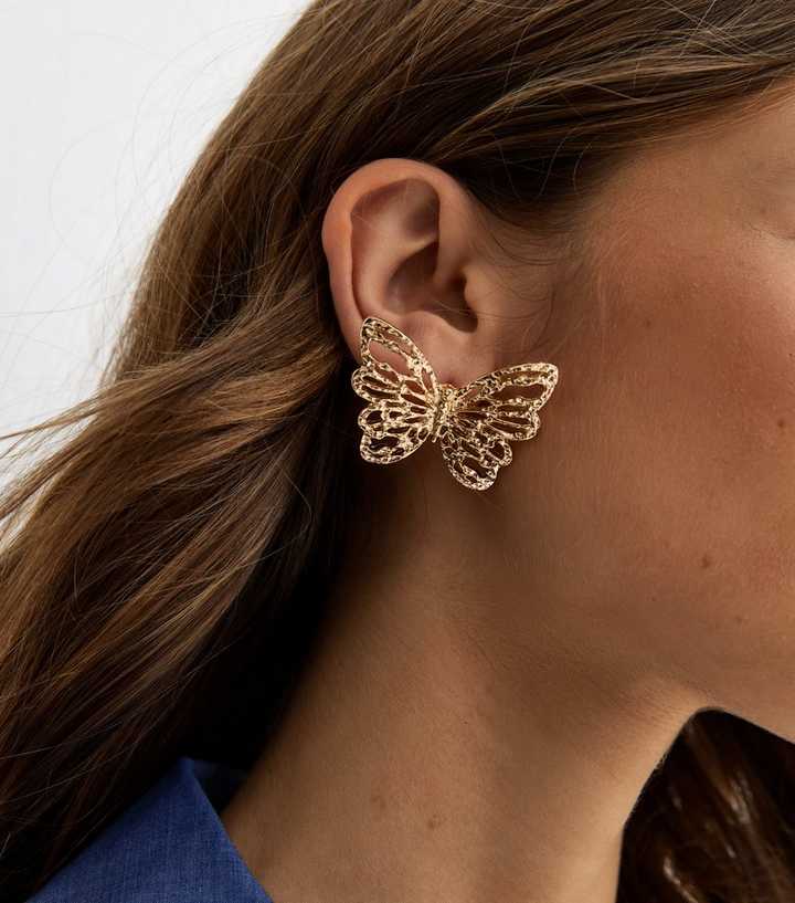 Gold Tone Large Beaten Butterfly Stud Earrings