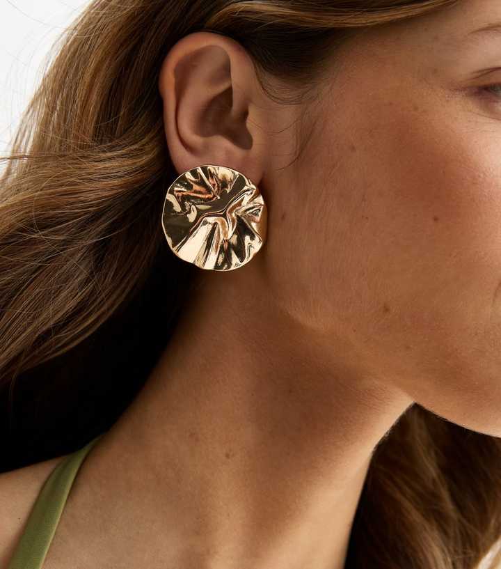 Gold Tone Large Beaten Circle Stud Earrings