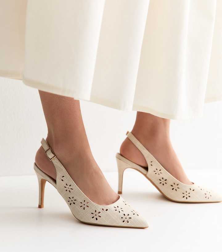 Wide Fit Off White Laser Flower Embroidered Slingback Pumps