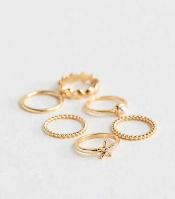 Pack of 6 Gold Tone Pearl and Starfish Sleek Rings