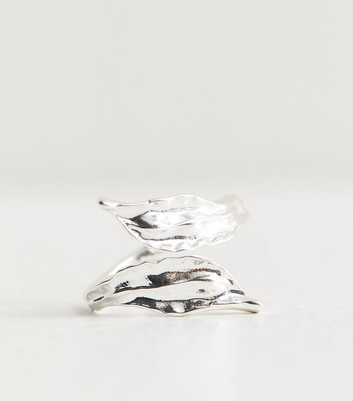 Silver Tone Beaten Sleek Petal Wrap Ring