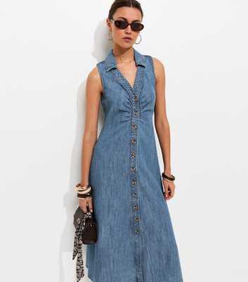 Mid Blue Wash Rouched A-line Midi Dress