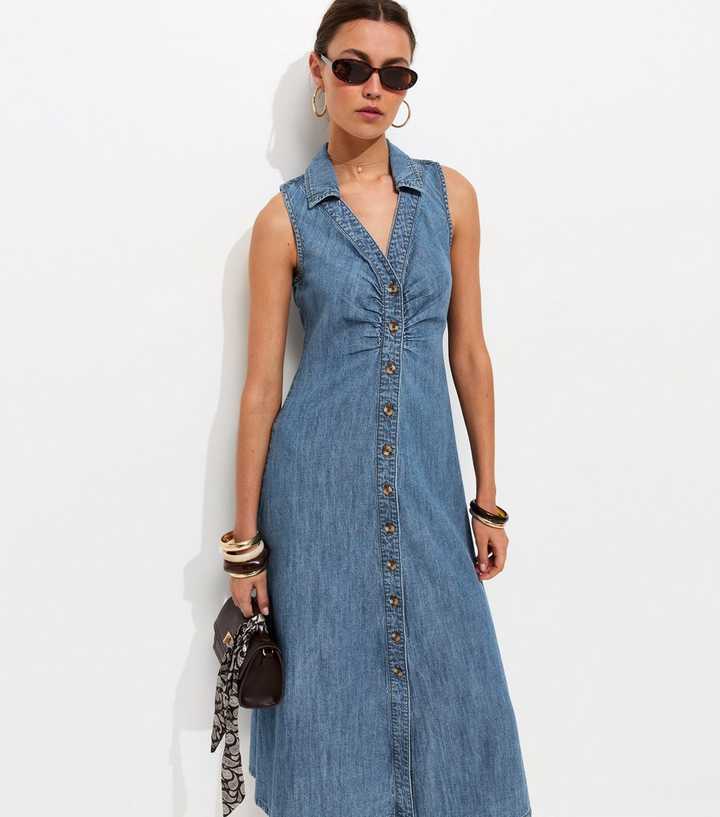 Mid Blue Wash Rouched A-line Midi Dress