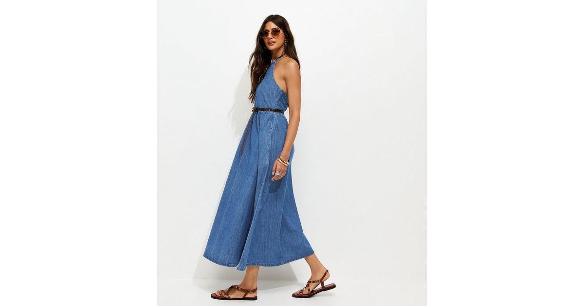 Blue Denim Halterneck Midi Dress