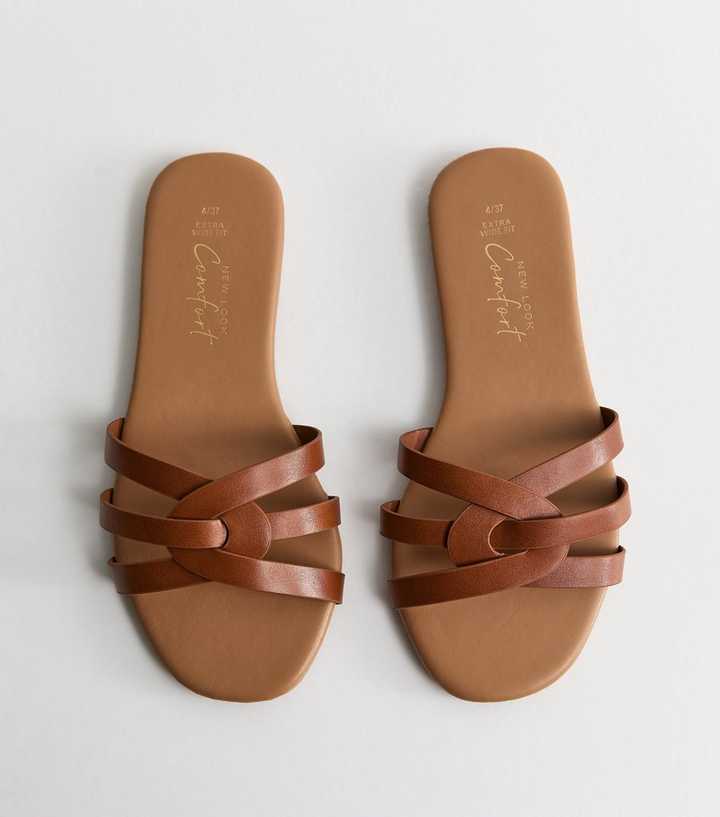 Extra Wide Fit Tan Faux Leather Interwoven Flat Mule Sandals