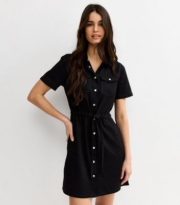 new look denim dress petite Black Lightweight Denim Shirt A line Mini Dress