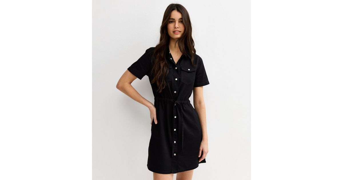 Black Lightweight Denim Shirt A line Mini Dress