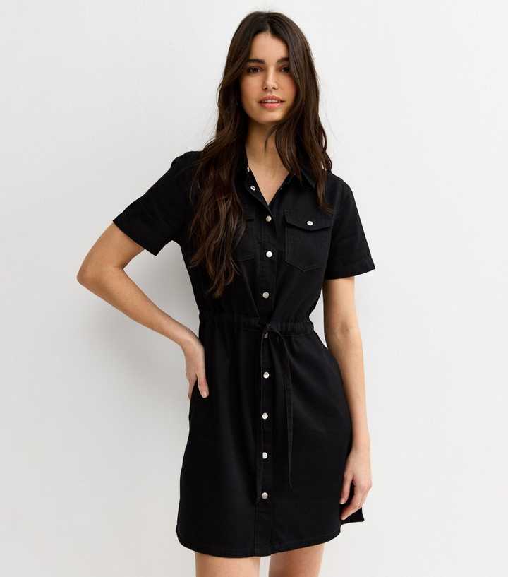 Black Lightweight Denim Shirt A line Mini Dress