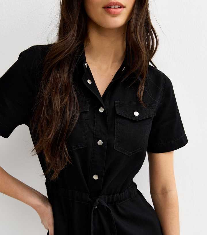 Black Lightweight Denim Shirt A line Mini Dress | New Look