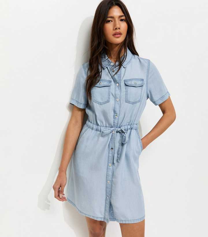 Light Blue Lightweight Denim Shirt A line Mini Dress