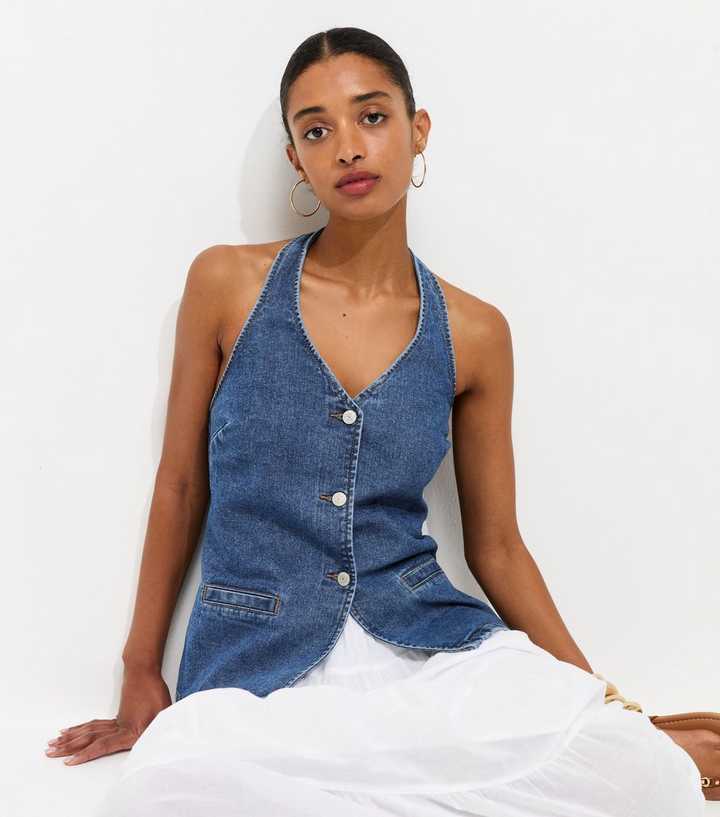 Blue Cotton Longline Halter Neck Waistcoat