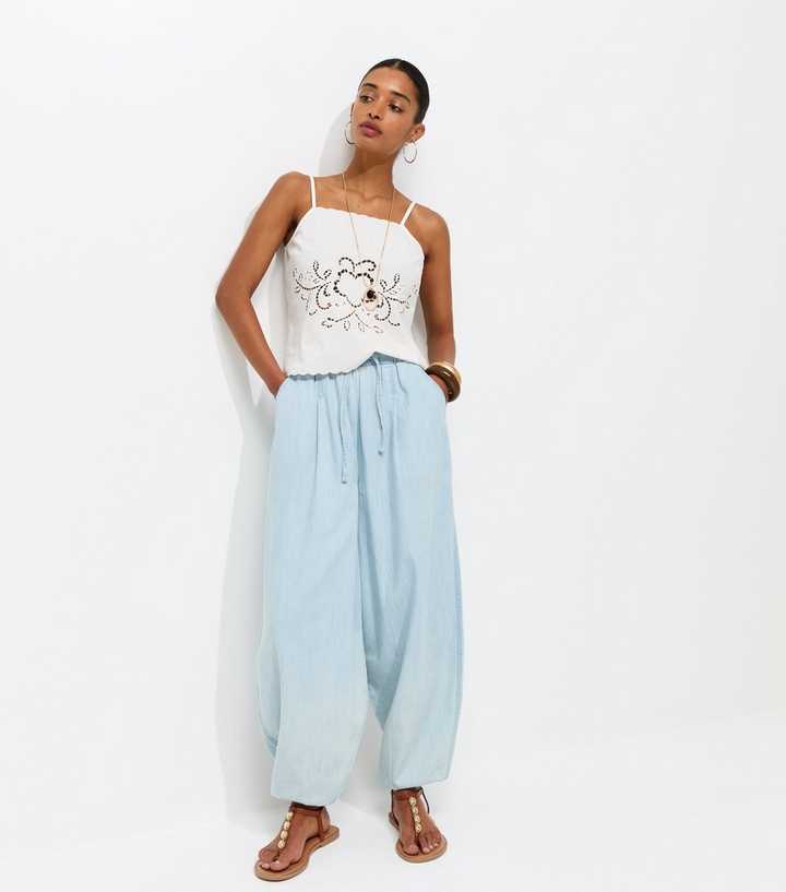 Light Blue Denim Tapered Balloon Leg Trousers
