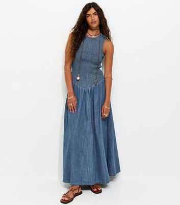 Blue Denim Shirred Dropped Waist Maxi Dress