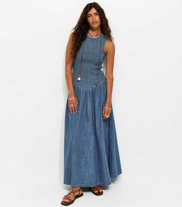 Blue Denim Shirred Dropped Waist Maxi Dress