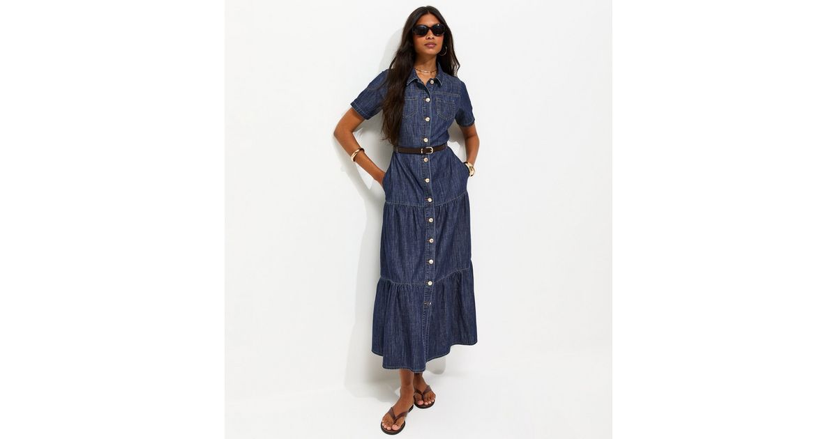 Blue Cotton Short Sleeve Tiered Belted Denim Midi Dress