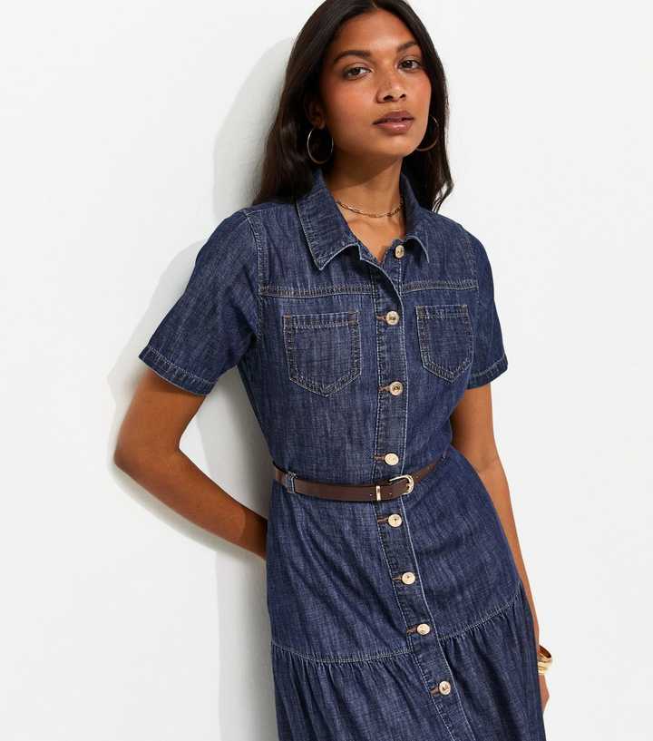 knee length dresses for ladies Laureen Short Sleeve Midi Dress Denim Blue– Selfie Leslie