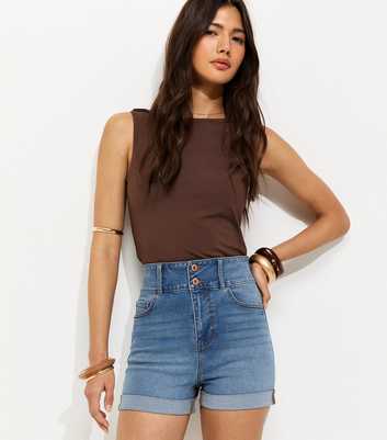 Mid Blue High Waist Denim Shorts