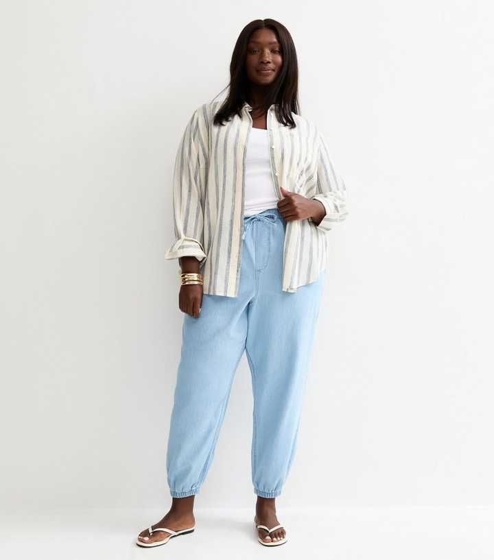 Curves Light Blue Chambray Tapered Drawstring Trousers