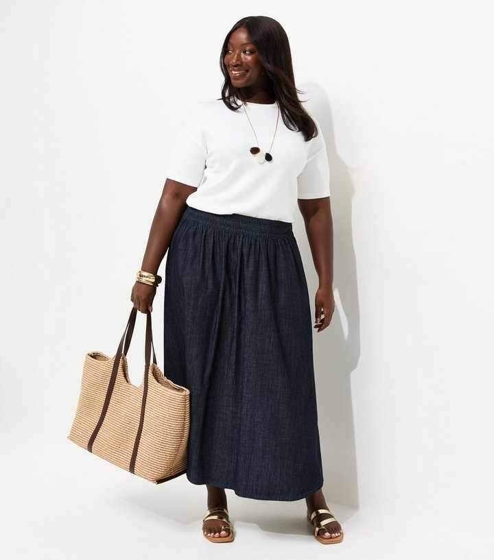 Curves Indigo Wash Shirred Midi Skirt