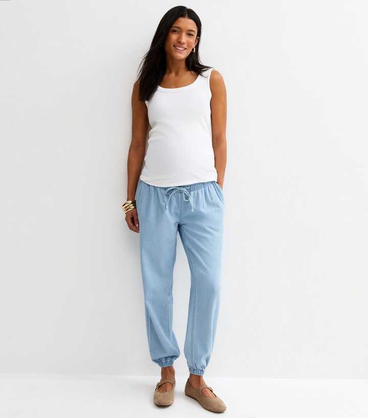 Maternity Light Blue Denim Look Cuffed Over Bump Joggers