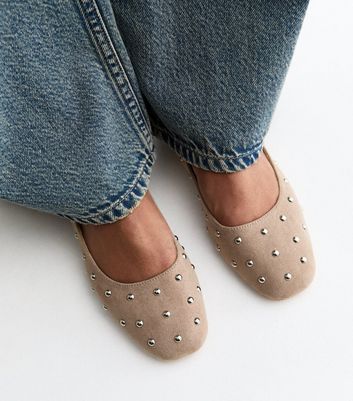 Light Brown Faux Suede Studded Ballet Pumps