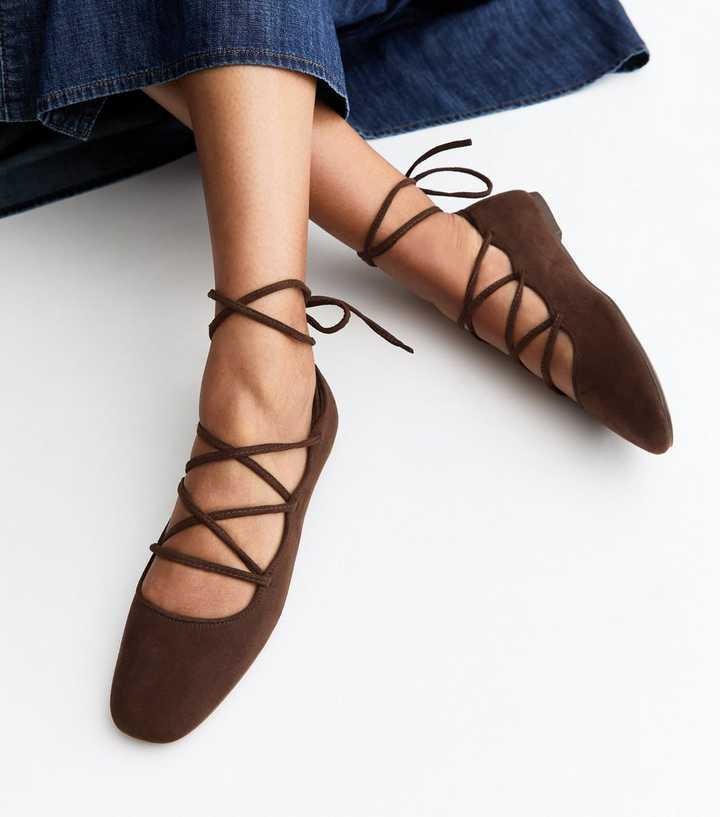 Brown Faux Suede Lace Up Ballet Pumps