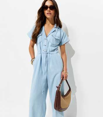 Petite Light Blue Wash Denim Jumpsuit