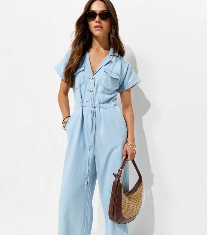 Petite Light Blue Wash Denim Jumpsuit