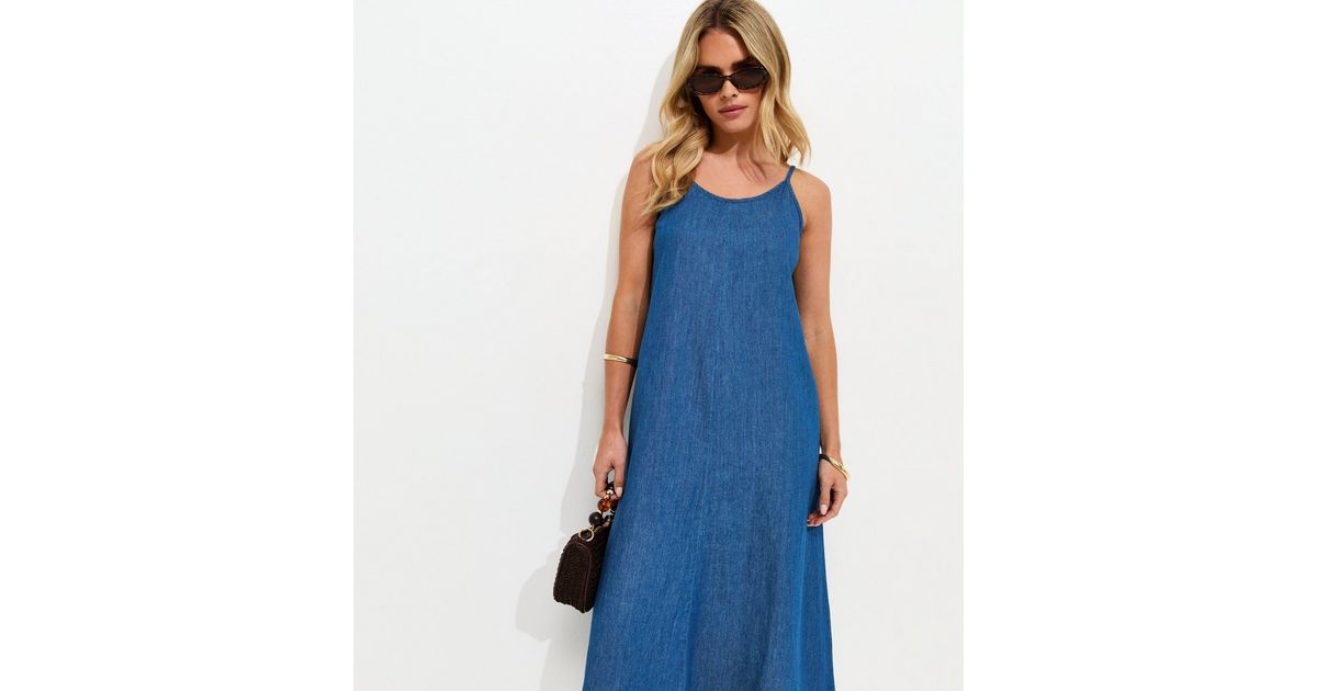Petite Blue Denim Smock Midi Dress