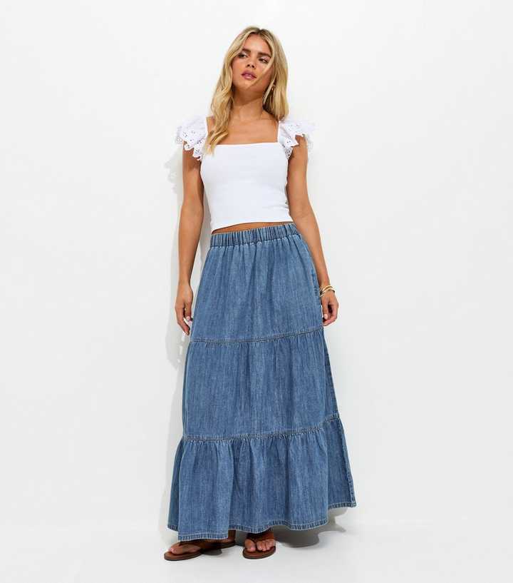 Petite Blue Tiered Midi Skirt