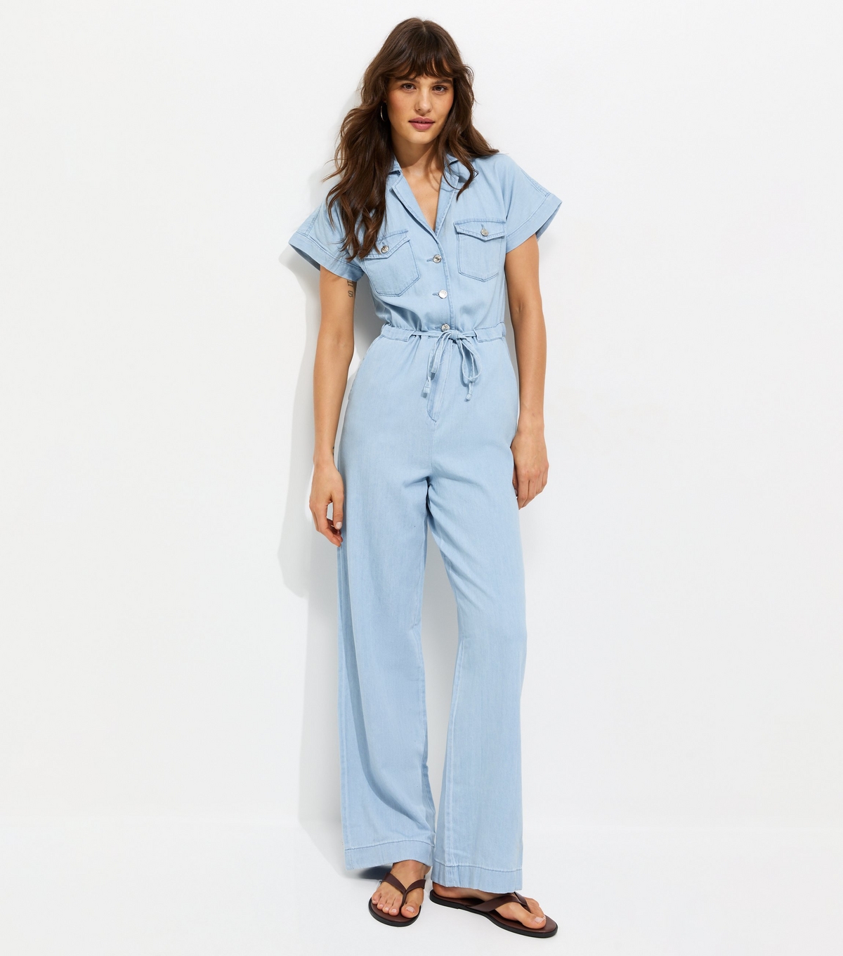 Women's Tall Light Blue Cotton Wide Leg Denim Jumpsuit New Look