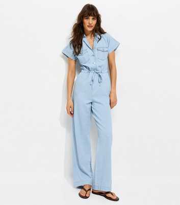 Tall Light Blue Cotton Wide Leg Denim Jumpsuit