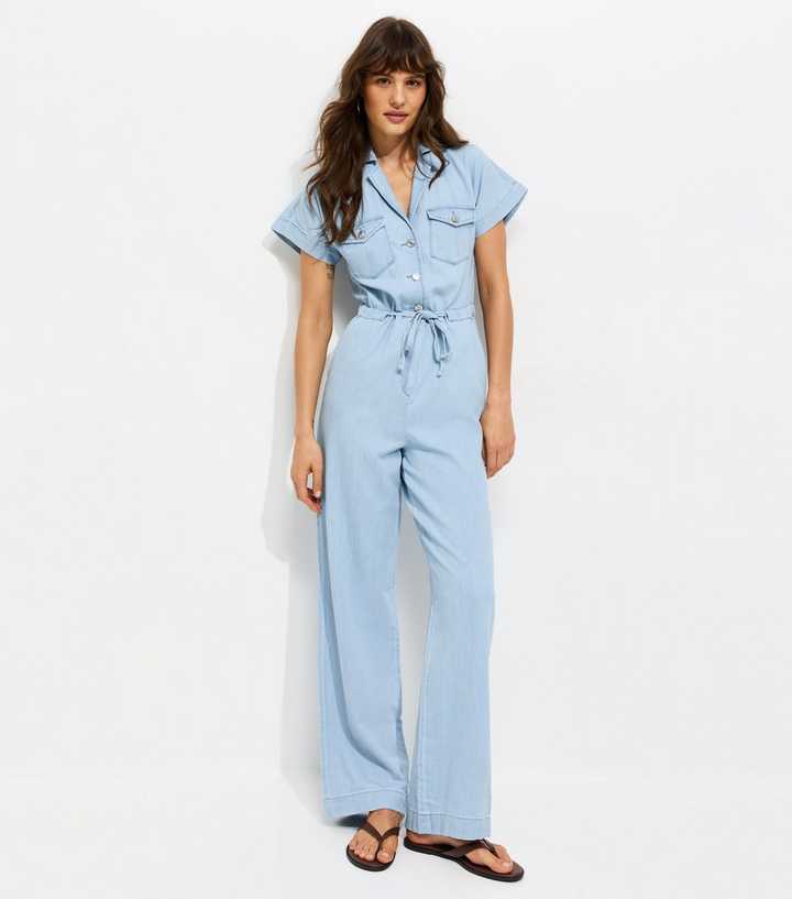 Tall Light Blue Cotton Wide Leg Denim Jumpsuit