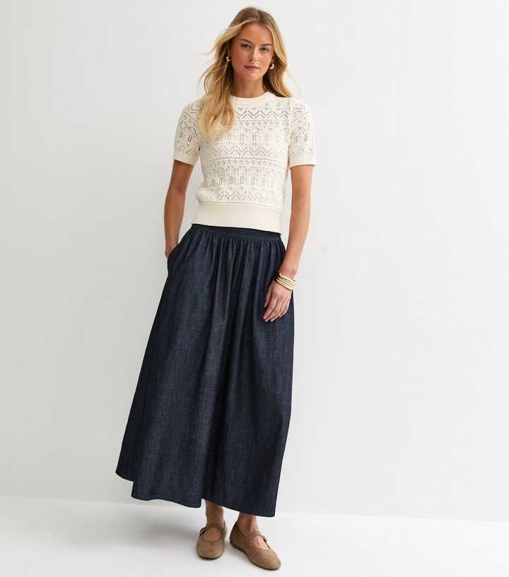 Tall Navy Shirred Denim Midi Skirt